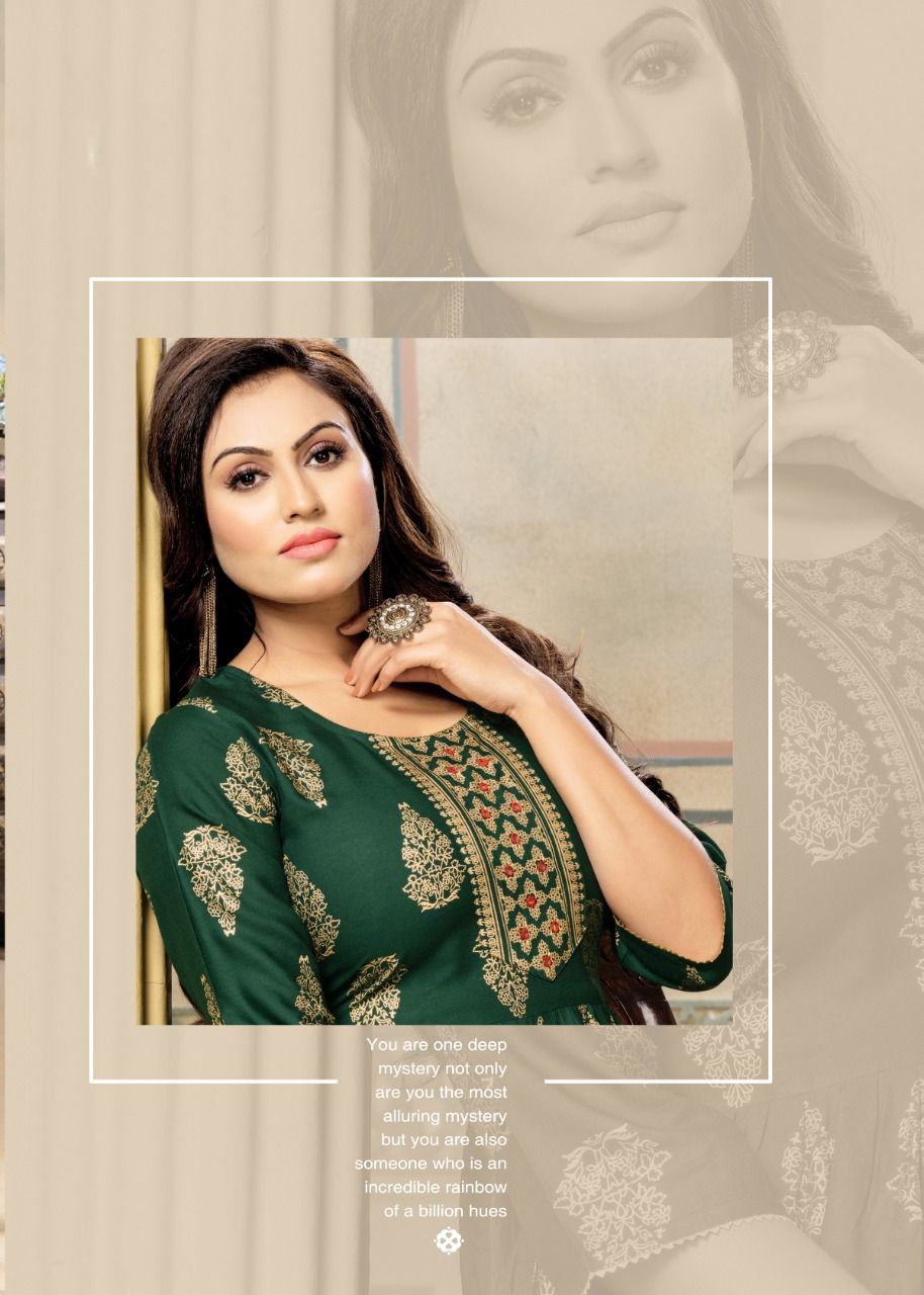 Mayra Gold Queen New Fancy Ethnic Wear Rayon Printed Long Anarkali Kurti Collection